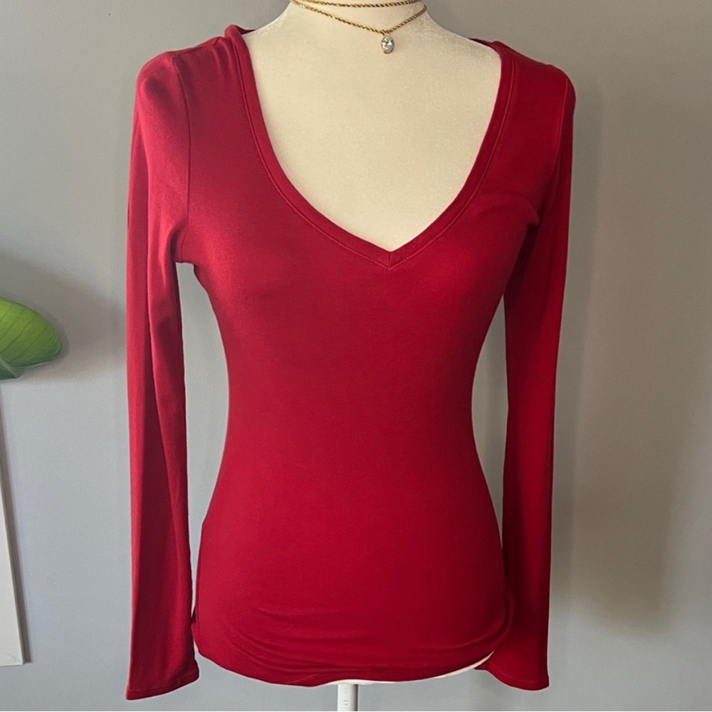 Express Red Long Sleeve V-Neck Top